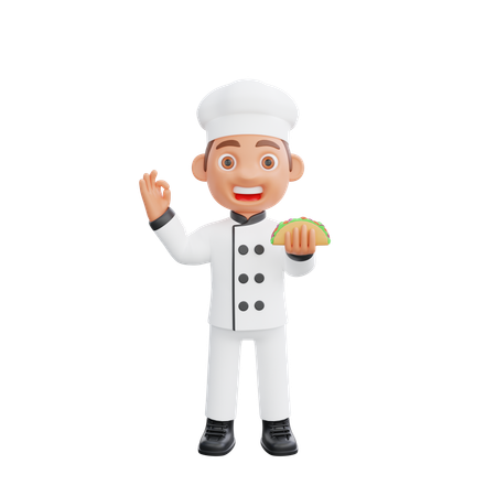 Chef Holding tacos and showing ok sign  3D Illustration