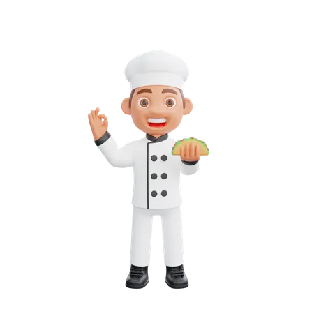 Chef Holding tacos and showing ok sign  3D Illustration