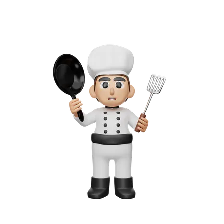 Chef sosteniendo utensilio de cocina  3D Illustration