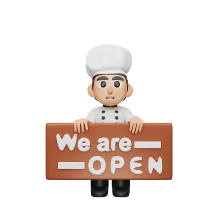 Chef Holding we are open Board  3D Illustration