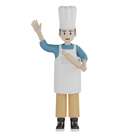 Chef masculino saluda mientras sostiene el rodillo en una mano  3D Illustration
