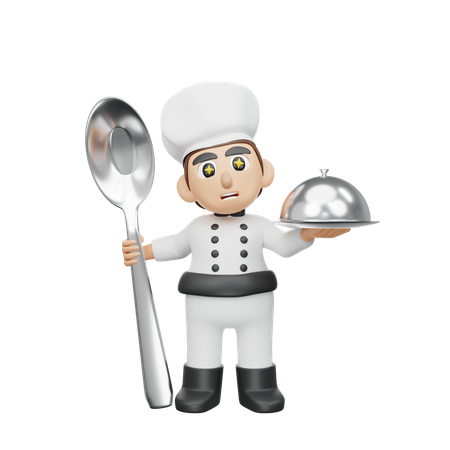 Chef masculino sosteniendo cloche y cuchara  3D Illustration