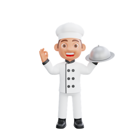 Chef masculino sosteniendo Cloche y mostrando el signo Ok  3D Illustration