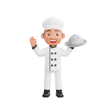 Chef masculino sosteniendo Cloche y mostrando el signo Ok  3D Illustration