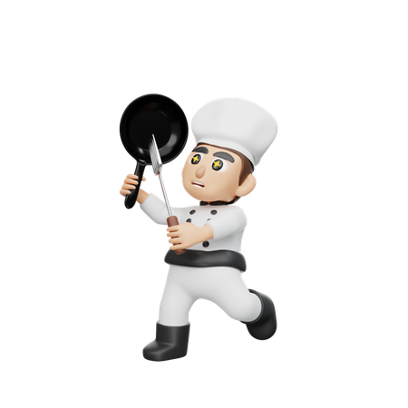 Chef masculino sosteniendo sartén y espátula  3D Illustration