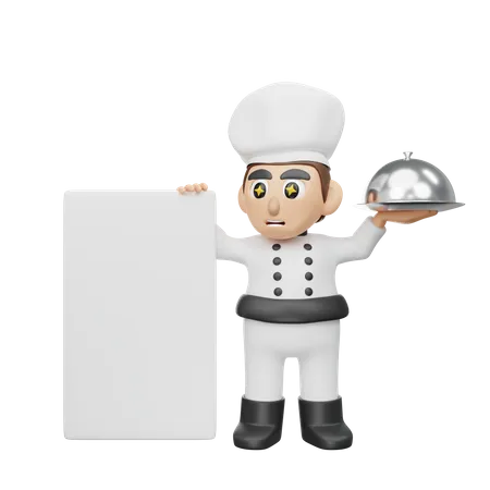 Chef masculino sosteniendo el tablero mientras sostiene Cloche  3D Illustration