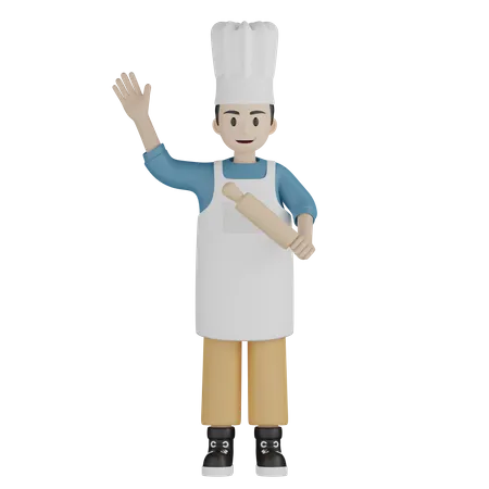 Chef masculino diz oi enquanto segura o rolo em uma mão  3D Illustration