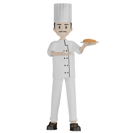 Chef masculino mostrando o prato de pão  3D Illustration