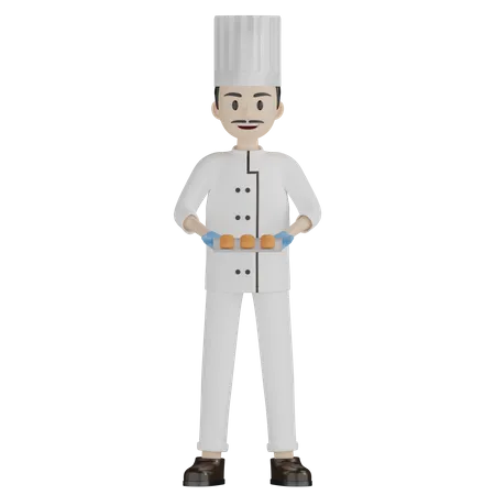 Chef masculino mostrando o prato de pão  3D Illustration