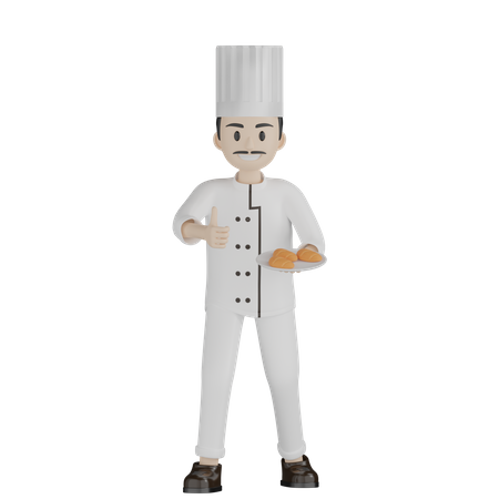 Chef masculino mostrando prato de pão com polegar para cima  3D Illustration