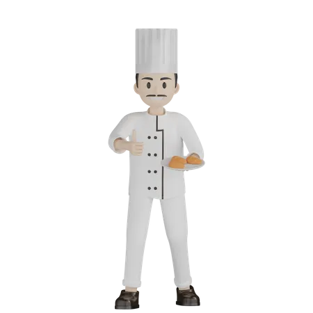 Chef masculino mostrando prato de pão com polegar para cima  3D Illustration