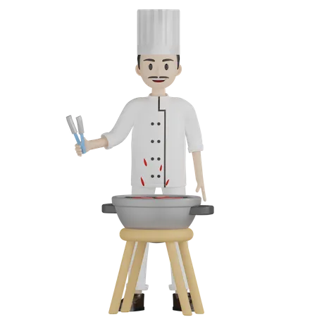 Chef masculino preparando churrasco  3D Illustration