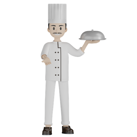 Chef masculino segurando cloche  3D Illustration