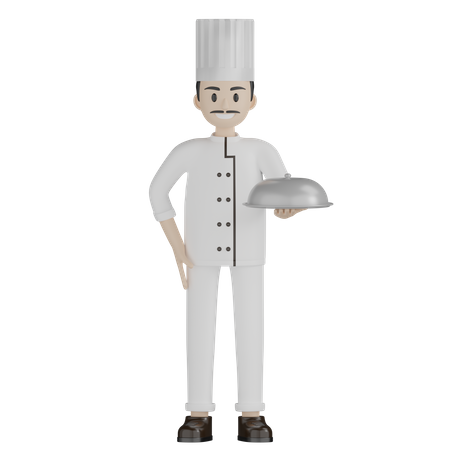 Chef masculino segurando cloche  3D Illustration