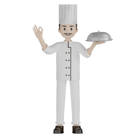 Chef masculino segurando cloche  3D Illustration