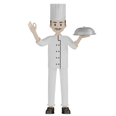 Chef masculino segurando cloche  3D Illustration