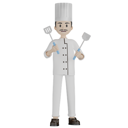 Chef masculino segurando ferramentas de cozinha  3D Illustration