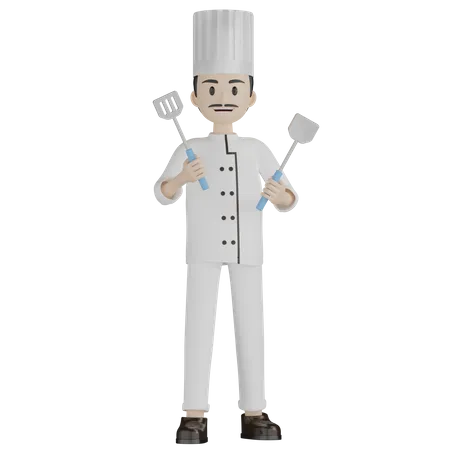 Chef masculino segurando ferramentas de cozinha  3D Illustration