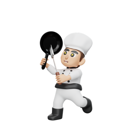 Chef masculino segurando panela e espátula  3D Illustration