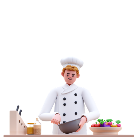 Chef masculin cuisinant dans la cuisine  3D Illustration