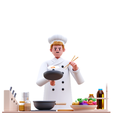 Chef masculin cuisinant dans une poêle à frire  3D Illustration