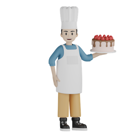 Chef masculin debout et tenant un gâteau  3D Illustration