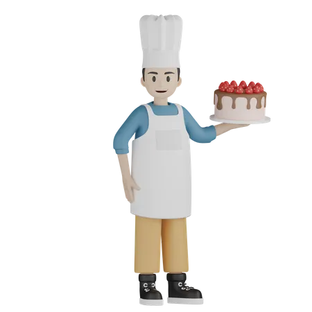 Chef masculin debout et tenant un gâteau  3D Illustration