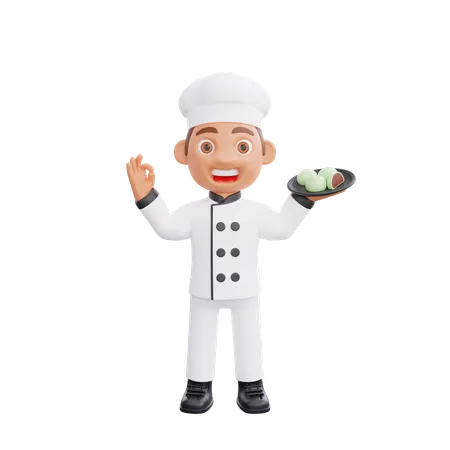 Chef masculin tenant un plat de sushi et montrant un signe Ok  3D Illustration