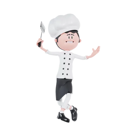 3 D Cartoon Chef Is Dancing 3D Illustration