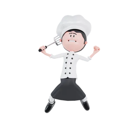 3 D Cartoon Chef Is Jumping And Happy 3D Illustration