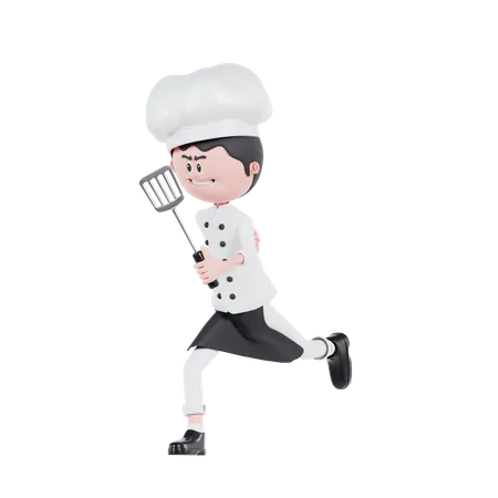 3 D Cartoon Chef Is Running 3D Illustration