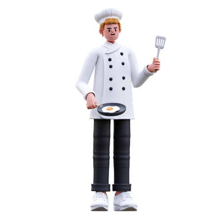 Chef cuisinier masculin faisant cuire un œuf dans une poêle à frire et tenant une spatule  3D Illustration