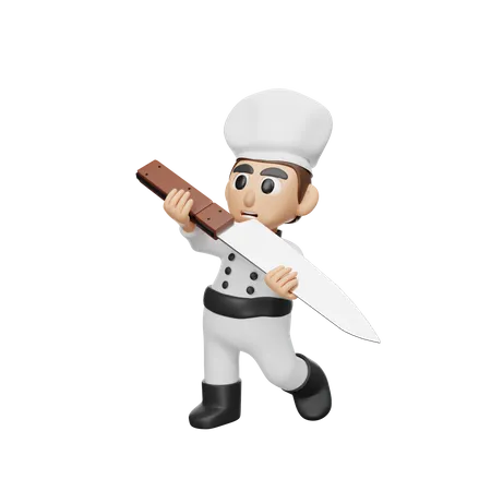 Ilustracion De Personaje De Chef De Representacion 3 D Con Cuchillo De Cocina 3D Illustration