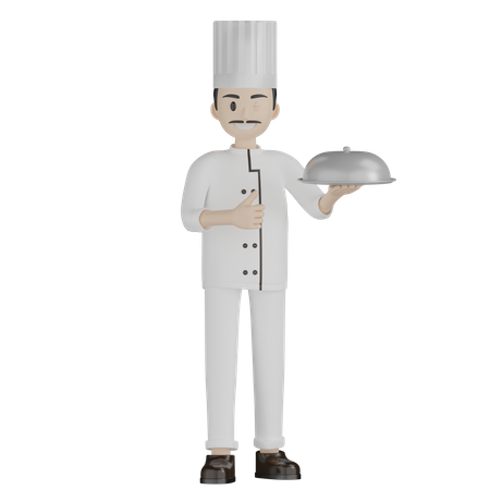 Chef masculino dando pulgares hacia arriba mientras sostiene Cloche  3D Illustration