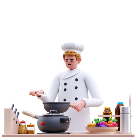 Chef masculino preparando comida en la cocina  3D Illustration