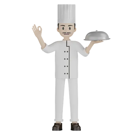 Chef masculino sosteniendo campana  3D Illustration