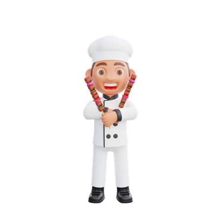 Chef masculino sosteniendo palo de barbacoa  3D Illustration