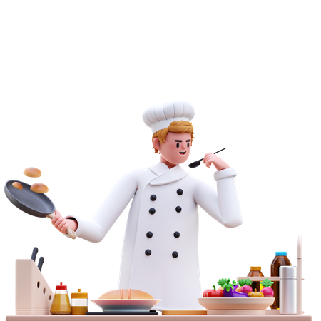 Chef masculino sosteniendo una sartén mientras sostiene un cuchillo  3D Illustration