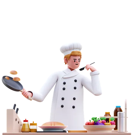 Chef masculino sosteniendo una sartén mientras sostiene un cuchillo  3D Illustration