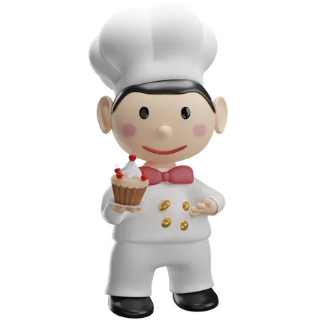 Chef mostrando delicioso cupcake  3D Illustration