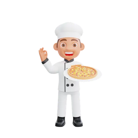 Chef mostrando cartel Ok y sosteniendo pizza  3D Illustration