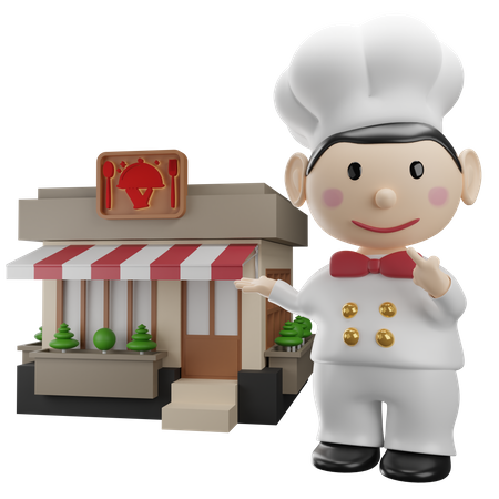 Chef mostrando restaurante  3D Illustration
