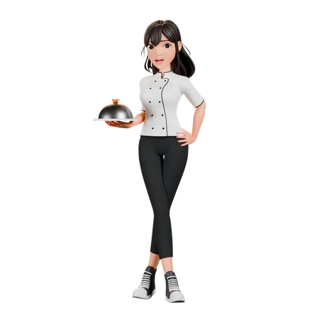 Chef femenina de pie con plato de comida  3D Illustration