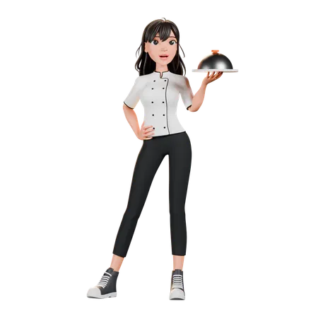 Chef mujer sosteniendo un plato de cocina  3D Illustration