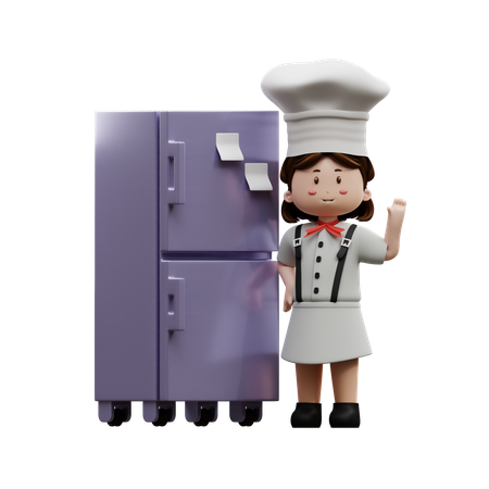 Chef feminina com geladeira  3D Illustration