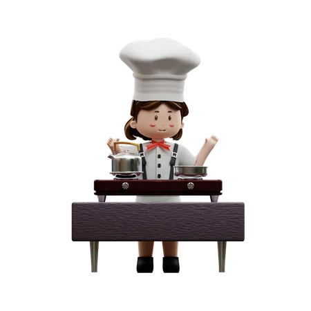 Chef feminina cozinhando na cozinha  3D Illustration