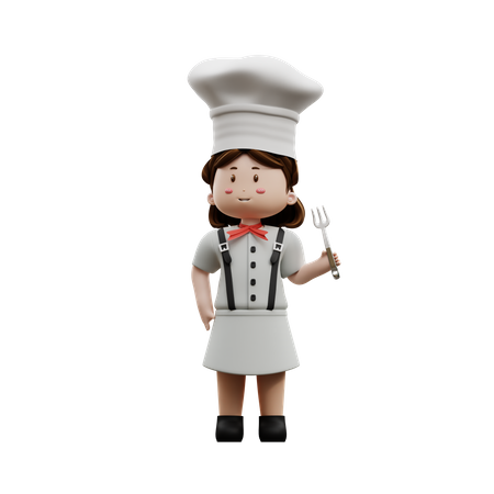 Chef feminina segurando garfo  3D Illustration