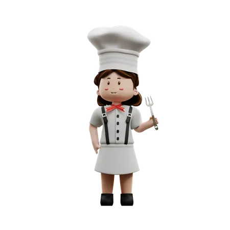 Chef feminina segurando garfo  3D Illustration