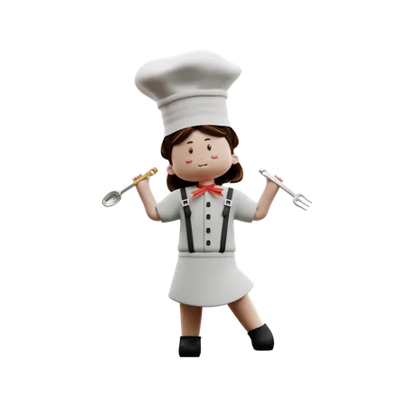 Chef feminina segurando garfo e colher  3D Illustration