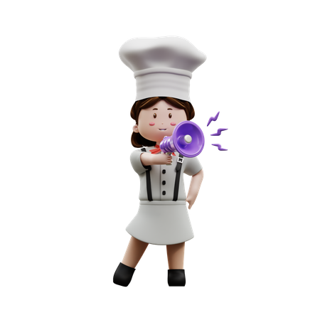 Chef feminina segurando megafone  3D Illustration